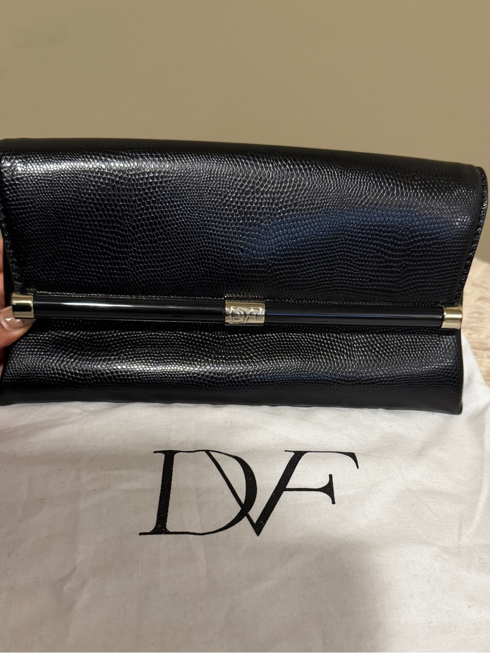 Diane Von Furstenberg Black Textured Leather Fold-Over Clutch with Gold Accent